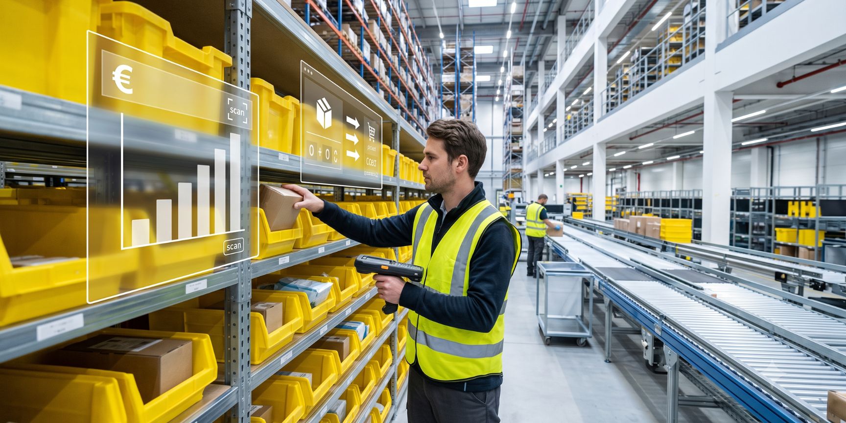 Moderne Lagerlogistik Kommissionierprozess, Mitarbeiter pickt Ware mit Scanner in Regalreihe, digitale Infografik zeigt steigende Pick-Kosten-Abrechnung ohne Text.